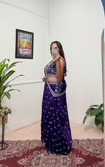 Party Wear Embroidery Work Navy Blue Color Palazzo Set