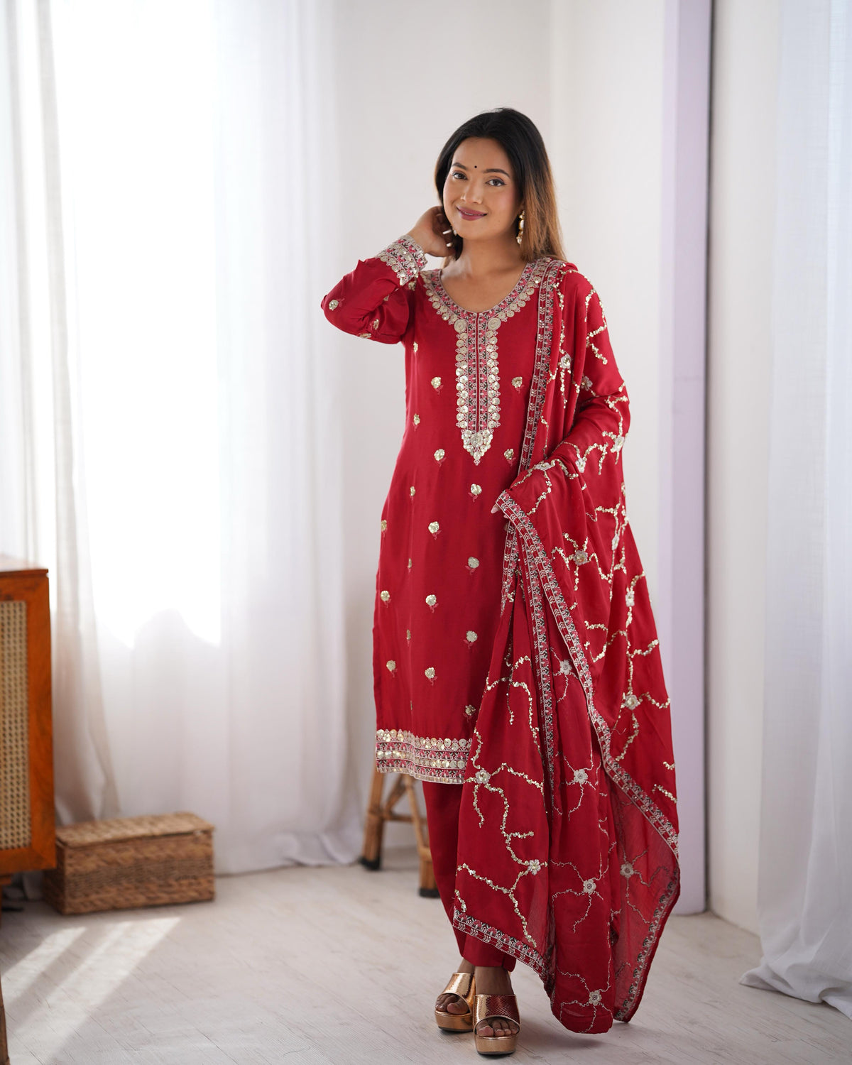 Wonderful Chinon Silk Red Color Salwar Suit