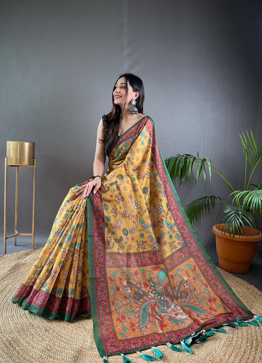 Blissful Malai Cotton Yellow Color Saree