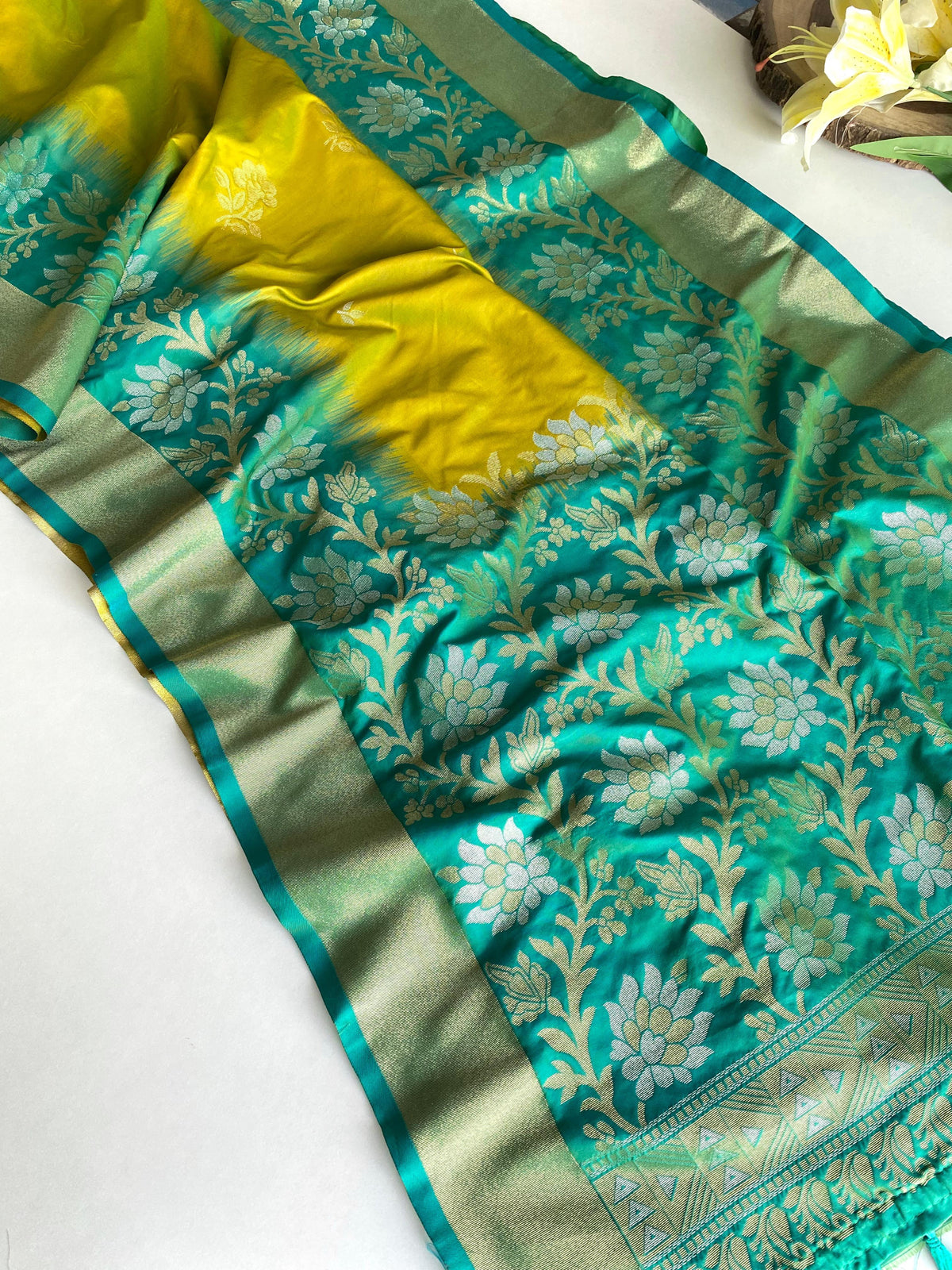 Pretty Tone Silk Yellow & Teal Blue Color saree