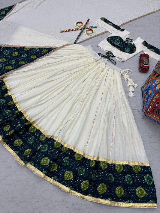 Navratri Wear White Rayon Cotton Ajrakh Print Lehenga Choli