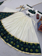 Navratri Wear White Rayon Cotton Ajrakh Print Lehenga Choli