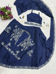 Wonderful Embroidery Work Navy Blue Color Saree With Koti