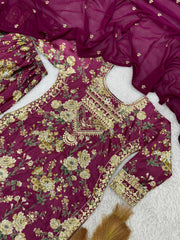 Stylish Wine Chinon Silk Embroidery Sharara Suit