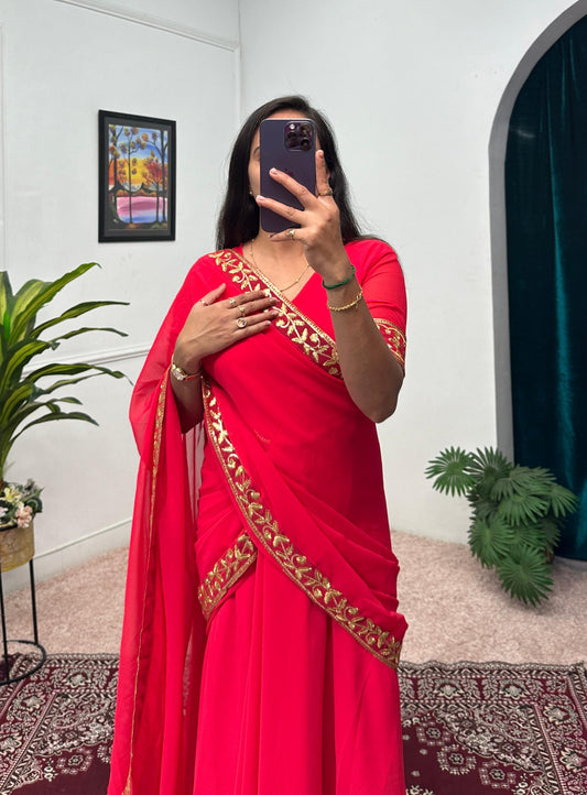 Captivating Embroidery Work Red Color Saree Gown