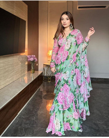 Admiring Flower Print Multi Color Lehenga Saree