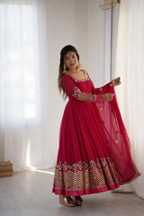 Captivating Red Georgette Embroidery Work Gown