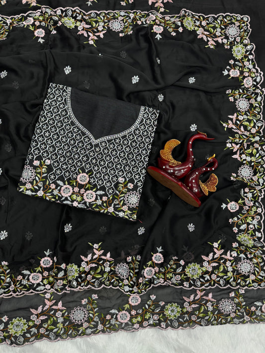 Amazing Black Rangoli Silk Embroidery Silk Saree