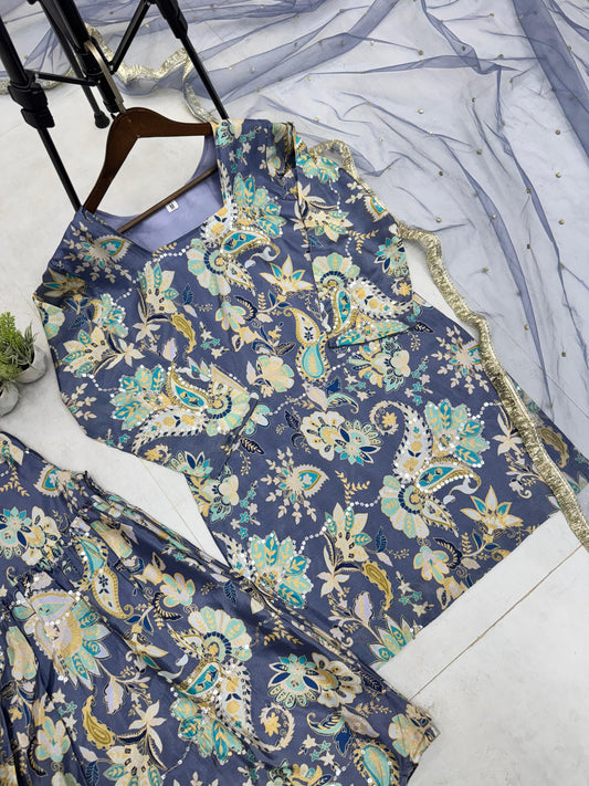Flattering Embroidery Work Multi Blue Color Sharara Suit