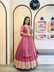 Designer Sequence Work Long Pink Gown WIth Dupatta