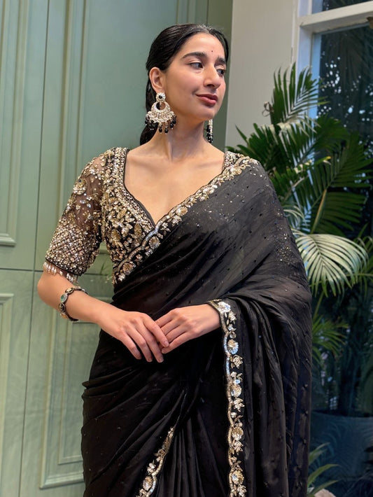 Wedding & Party Wear Soft Rangoli silk Black Color Saree