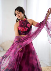 Glorious Pink Color Digital Printed Organza Lehenga