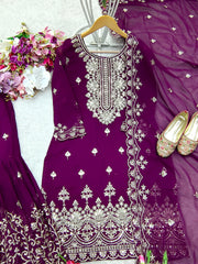 Fabulous Georgette Wine Color Sharara Suit