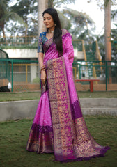 Wonderful Bandhani Wine With Pink Kanjivaram Silk Saree