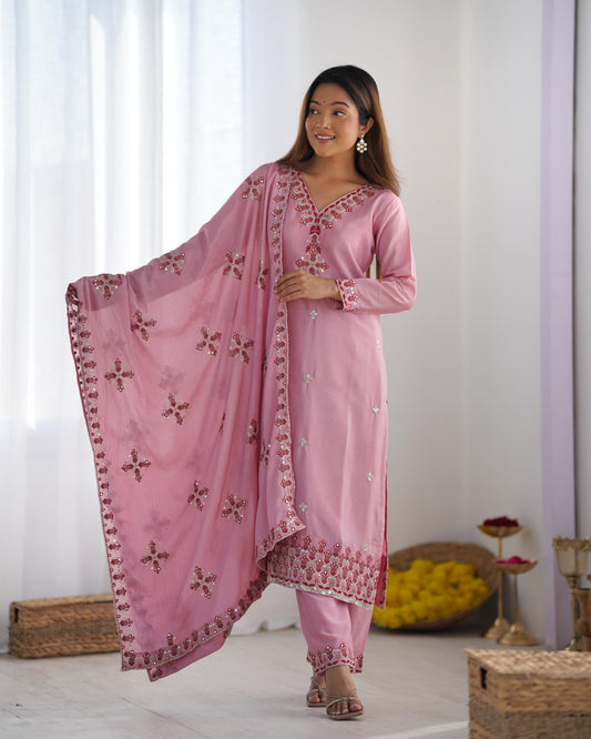 Stylish Pink Chinon Silk Sequence Work Anarkali Suit