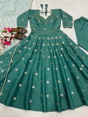 Adorable Green Simmer Silk Embroidery Anarkali Suit