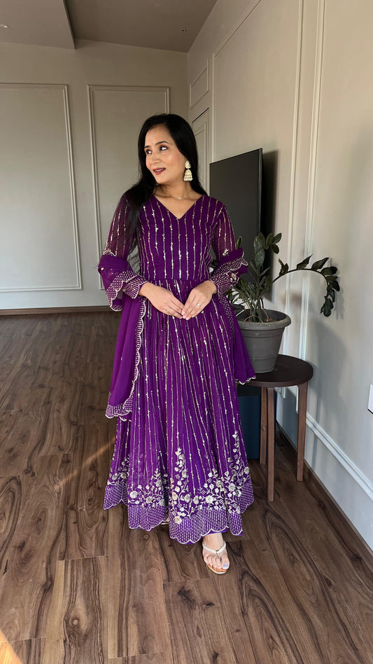 Elegant Embroidery Work Purple Color Gown