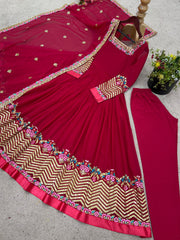 Captivating Red Georgette Embroidery Work Gown