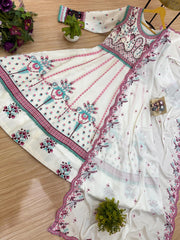 Gorgeous White Chinon Embroidery Work Gown