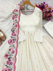 White Color Embroidered Chinon Silk Gown