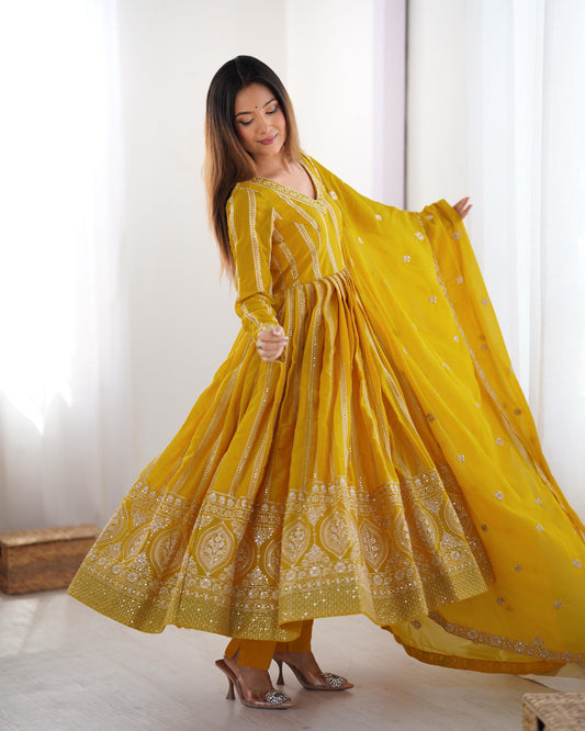 Demanding Sequence Work Yellow Color Gown