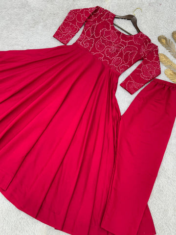 Trendy Red Roman Silk With Embroidery Work Gown
