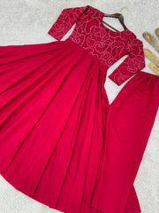 Trendy Red Roman Silk With Embroidery Work Gown