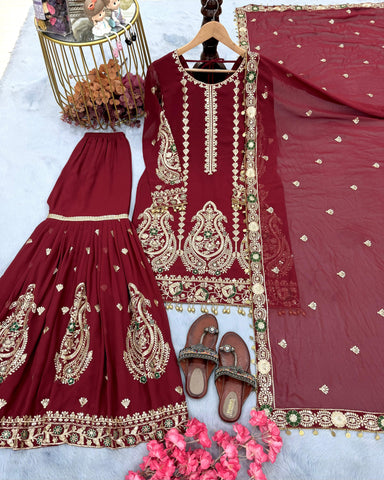 Wonderful Maroon Color Georgette Party Wear Sharara Suit