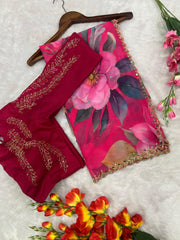 Gorgeous Flower Print With Work Pink Color Saree