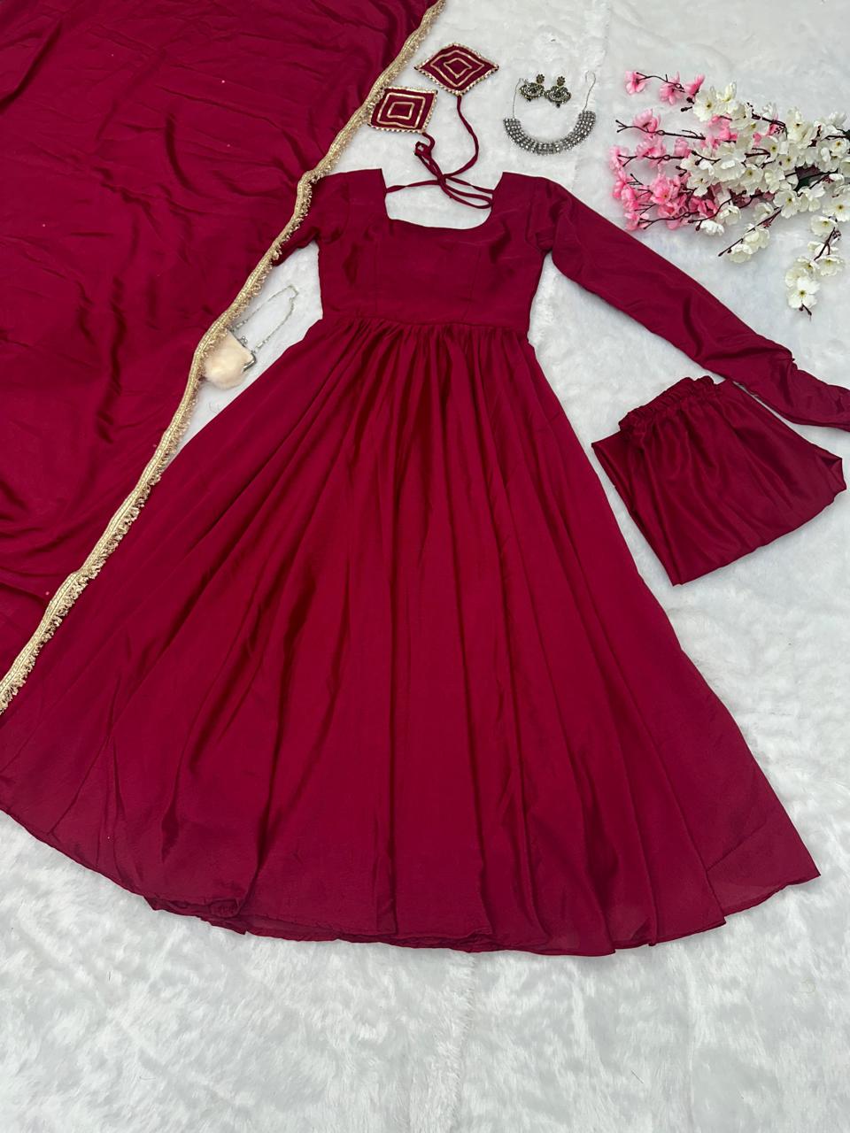 Fabulous Chinnon Silk Maroon Color Anarkali Gown