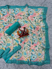 Delightful Embroidery Work Multi Color Floral Print Designer Saree