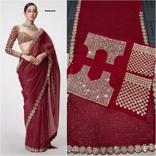 Fantastic Georgette Original Mirror Maroon Color Saree