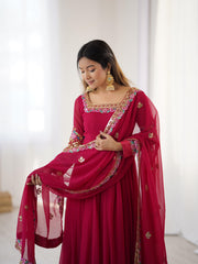 Captivating Red Georgette Embroidery Work Gown
