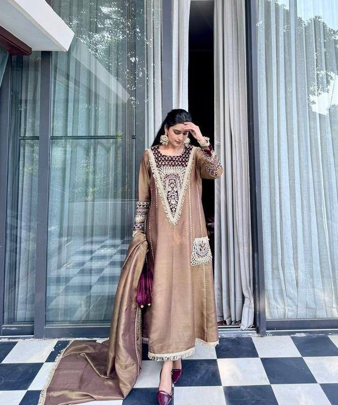 Preferable Embroidery Sequence Work Beige Color Gown