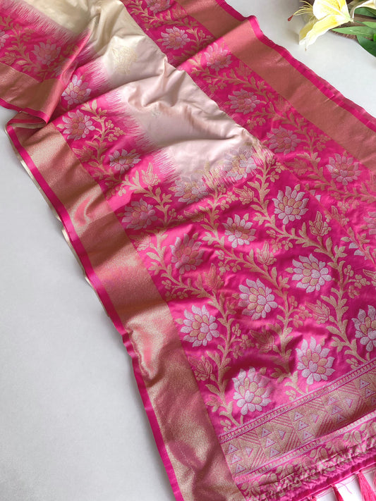 Pretty Tone Silk Off White & Pink Color saree