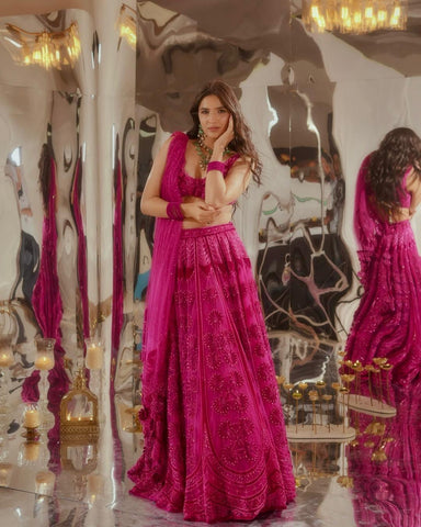 Glorious Pink Silk Thread Work Lehenga Choli