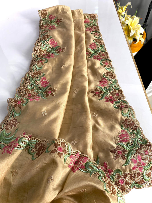 Designer Tussar Silk Cream Color Saree