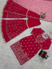 Glorious Red Georgette Thread Work Sharara Suit