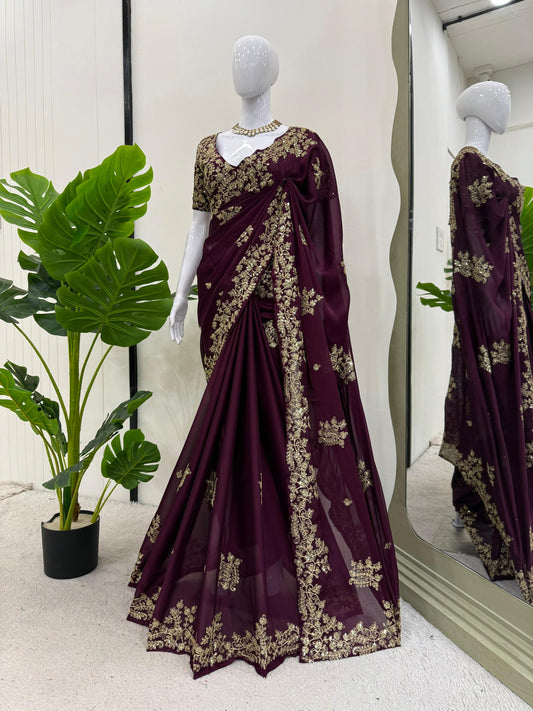 Wedding Wear Rangoli Silk Wine Color Saree