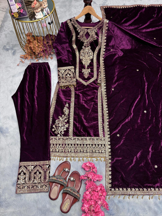 Delightful Purple Color Velvet Salwar Suit