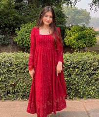 Wonderful Thread And Sequence Work Red Color Anarkali Suit