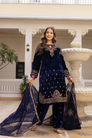 Amazing Navy Blue Velvet Embroidery Work Kurti Set