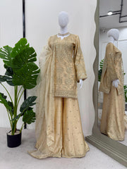 Attractive Chinon Silk Cream Color Sharara Suit