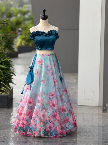 Exclusive Blue Satin with Digital Print Work Lehenga Choli