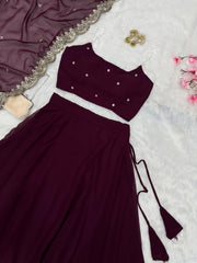 Wine Color Pearl Embellished Lehenga Set