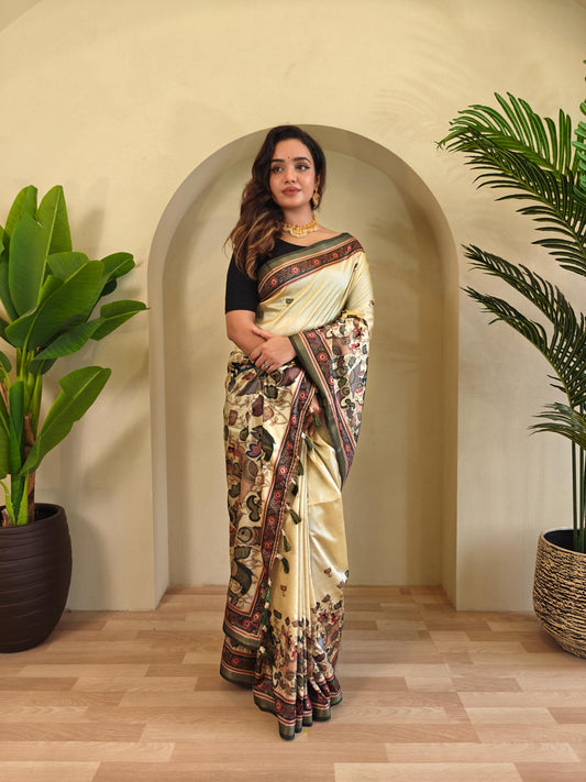 Blissful Digital Print Cream Saree