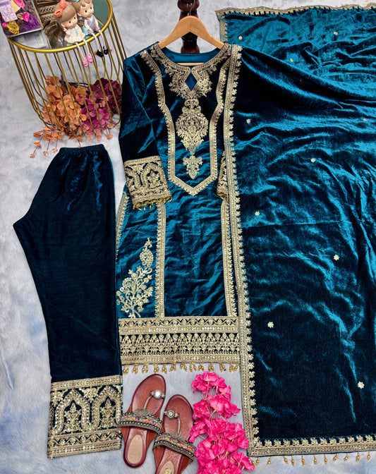 Delightful Teal Blue Color Velvet Salwar Suit