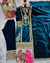 Delightful Teal Blue Color Velvet Salwar Suit