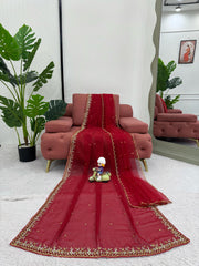 Stylish Work Red Color Drape Double Pallu Saree