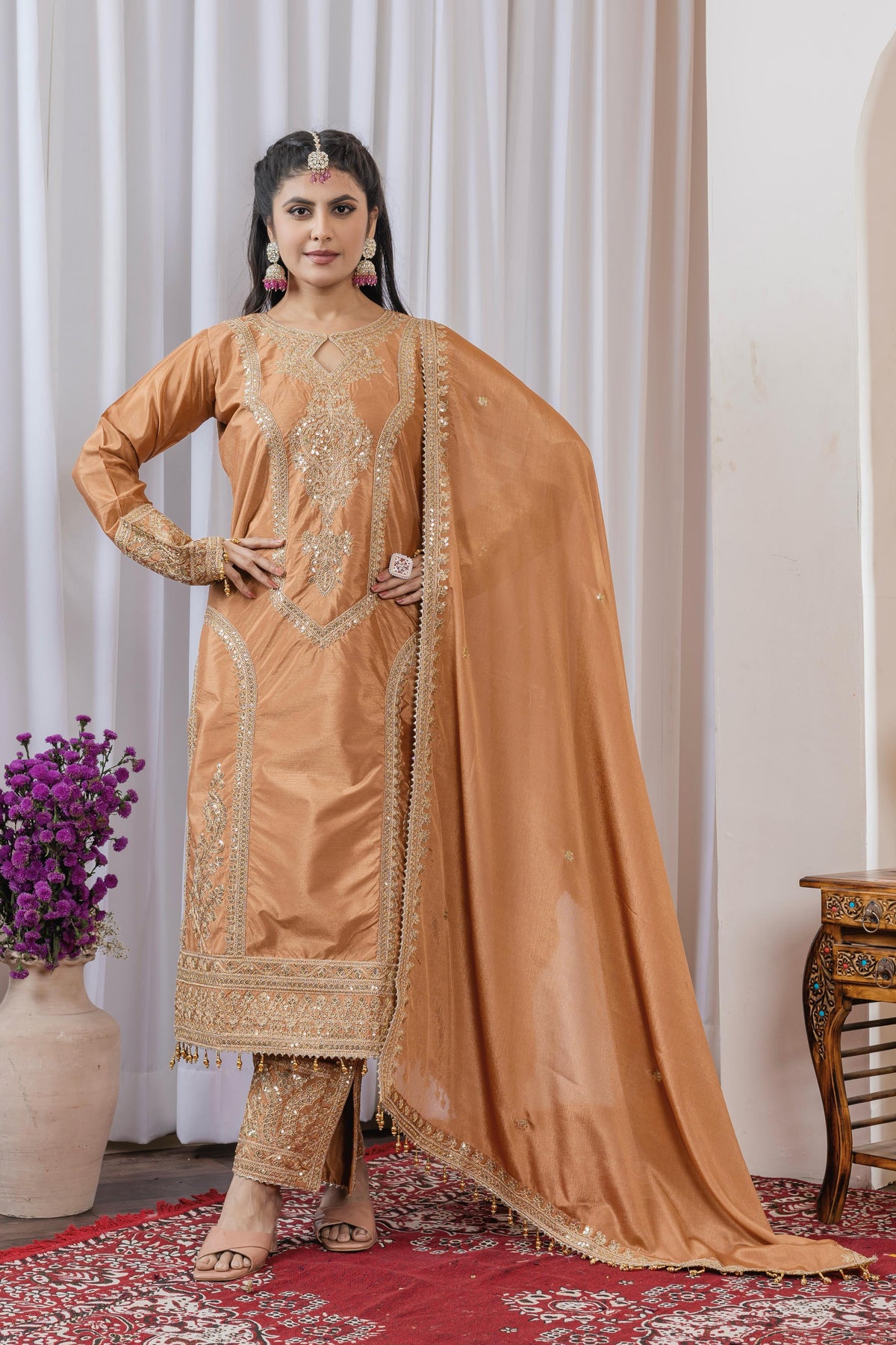 Imposing Chinon Silk Beige Color Top With Plazzo